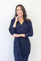 Lacivert Balon Kol Simli Drapeli Volan Detay Balık Abiye Elbise