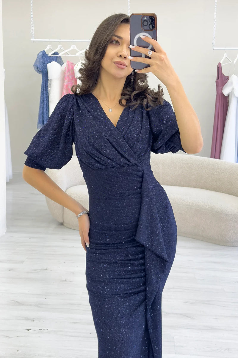 Lacivert Balon Kol Simli Drapeli Volan Detay Balık Abiye Elbise