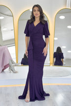 Mor Balon Kol Simli Drapeli Volan Detay Balık Abiye Elbise