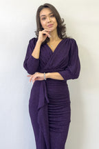 Mor Balon Kol Simli Drapeli Volan Detay Balık Abiye Elbise