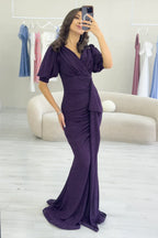 Mor Balon Kol Simli Drapeli Volan Detay Balık Abiye Elbise