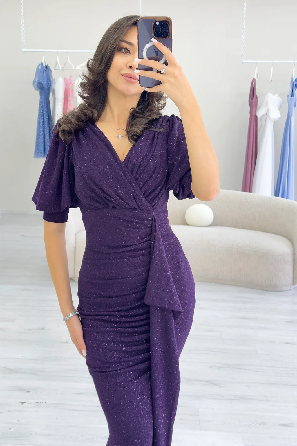 Mor Balon Kol Simli Drapeli Volan Detay Balık Abiye Elbise