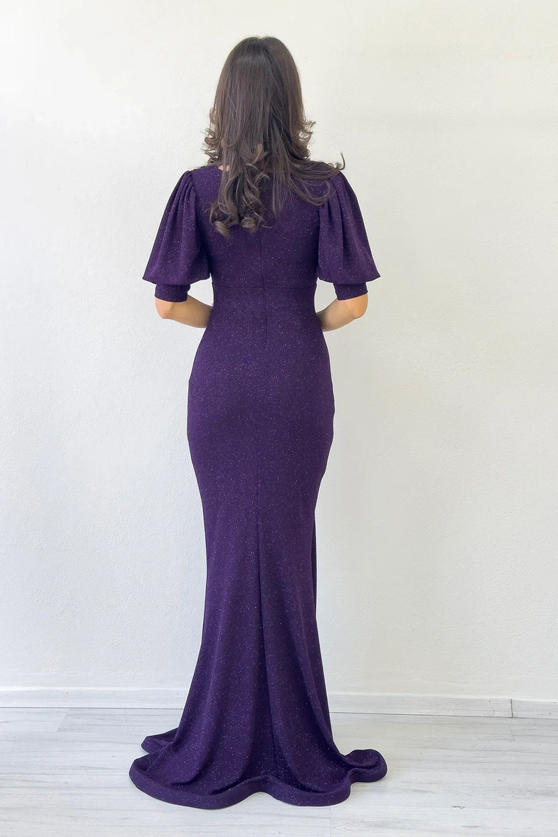 Mor Balon Kol Simli Drapeli Volan Detay Balık Abiye Elbise