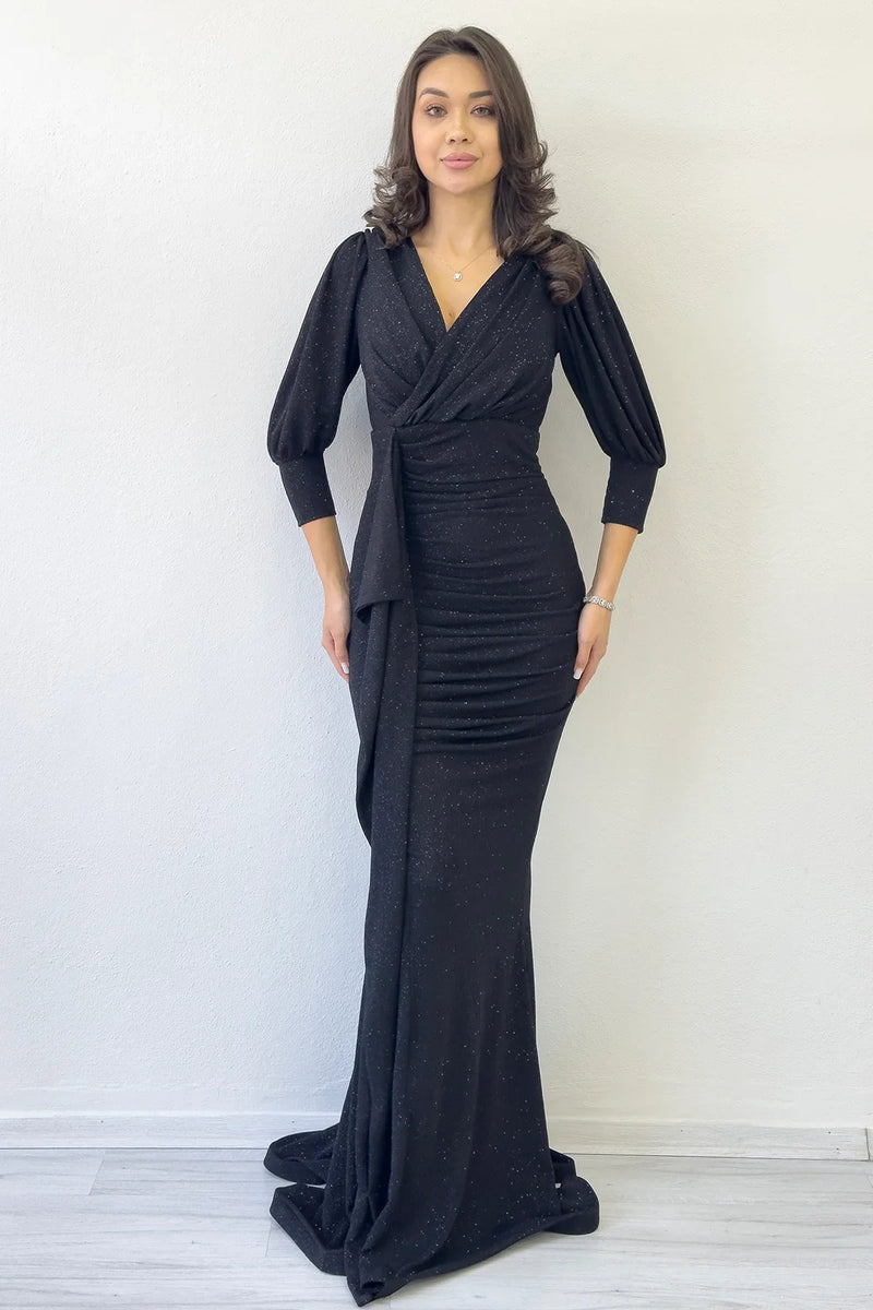 Siyah Balon Kol Simli Drapeli Volan Detay Balık Abiye Elbise