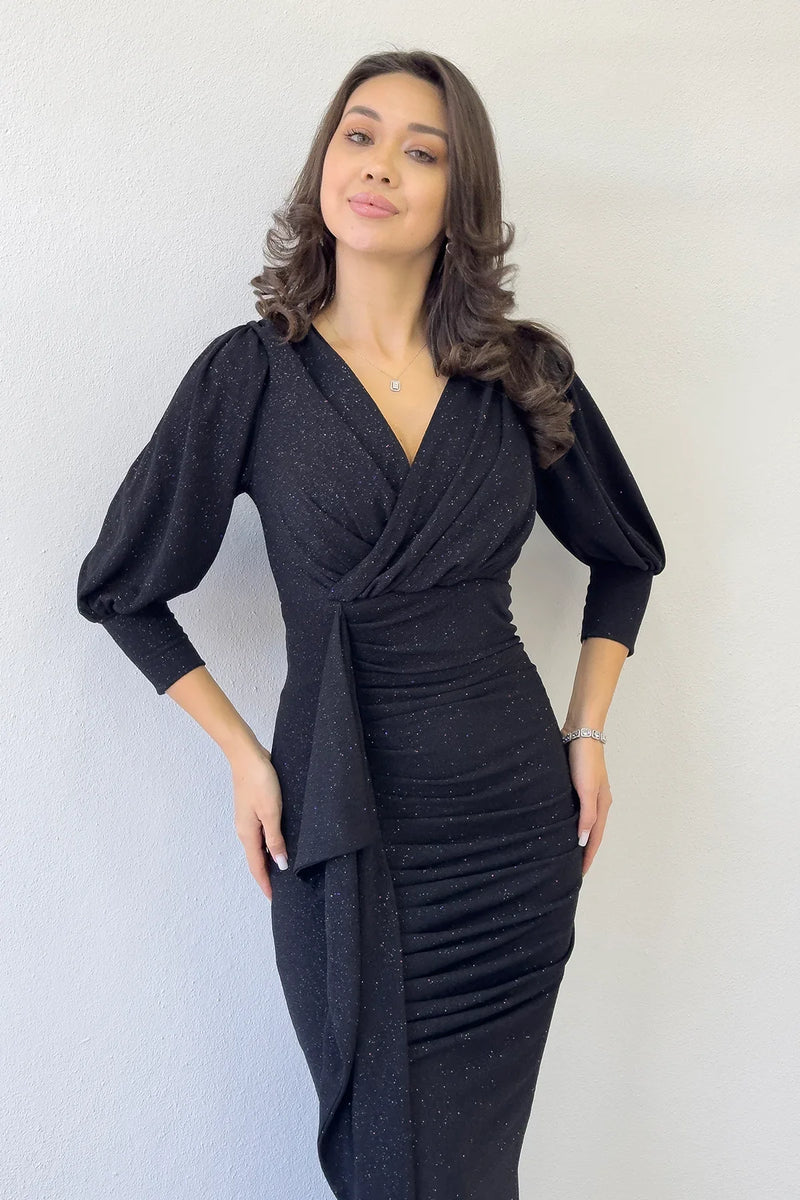 Siyah Balon Kol Simli Drapeli Volan Detay Balık Abiye Elbise