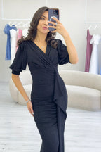 Siyah Balon Kol Simli Drapeli Volan Detay Balık Abiye Elbise