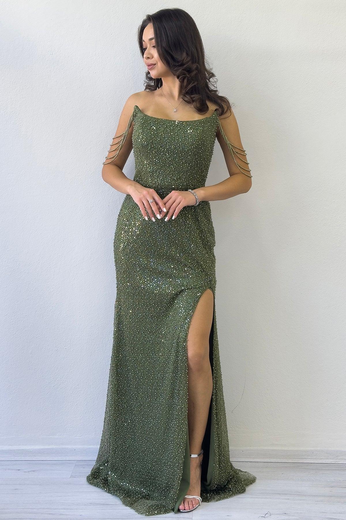 Haki Straplez Boncuk İşlemeli Yırtmaçlı Abiye Elbise 
