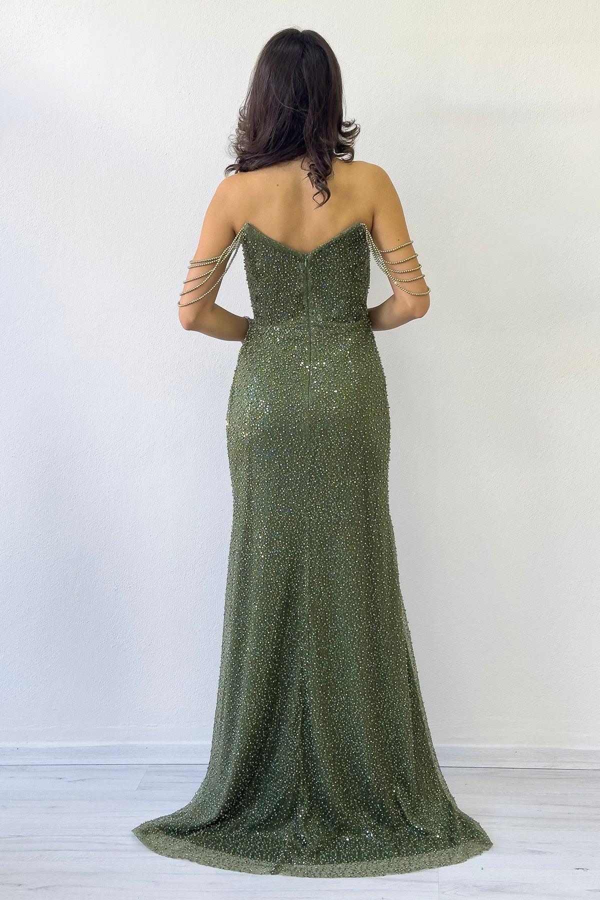 Haki Straplez Boncuk İşlemeli Yırtmaçlı Abiye Elbise 
