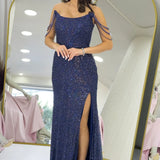 Lacivert Straplez Boncuk İşlemeli Yırtmaçlı Abiye Elbise