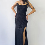 Siyah Straplez Boncuk İşlemeli Yırtmaçlı Abiye Elbise