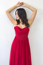 Kırmızı Sırt Dekolteli Korse Detay Yırtmaçlı Şifon Abiye Elbise