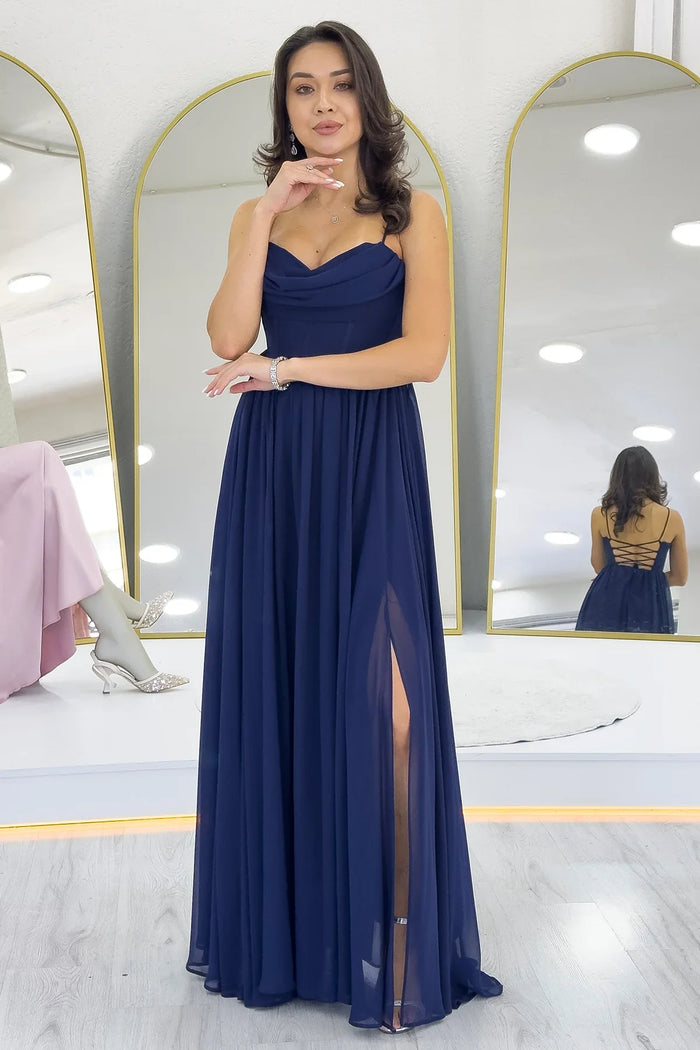 Lacivert Sırt Dekolteli Korse Detay Yırtmaçlı Şifon Abiye Elbise