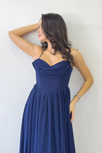 Lacivert Sırt Dekolteli Korse Detay Yırtmaçlı Şifon Abiye Elbise