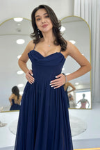 Lacivert Sırt Dekolteli Korse Detay Yırtmaçlı Şifon Abiye Elbise