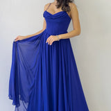 Saks Mavi Sırt Dekolteli Korse Detay Yırtmaçlı Şifon Abiye Elbise