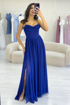 Saks Mavi Sırt Dekolteli Korse Detay Yırtmaçlı Şifon Abiye Elbise