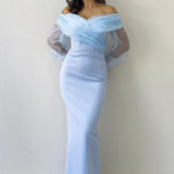 Bebe Mavi Şifon Kol Detaylı Düşük Omuz Balık Abiye Elbise