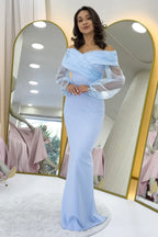 Bebe Mavi Şifon Kol Detaylı Düşük Omuz Balık Abiye Elbise