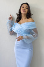 Bebe Mavi Şifon Kol Detaylı Düşük Omuz Balık Abiye Elbise