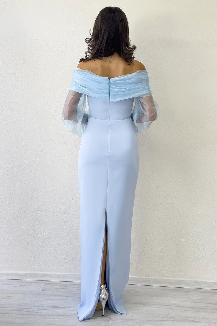 Bebe Mavi Şifon Kol Detaylı Düşük Omuz Balık Abiye Elbise