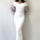 Beyaz Şifon Kol Detaylı Düşük Omuz Balık Abiye Elbise