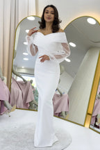 Beyaz Şifon Kol Detaylı Düşük Omuz Balık Abiye Elbise
