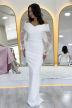 Beyaz Şifon Kol Detaylı Düşük Omuz Balık Abiye Elbise