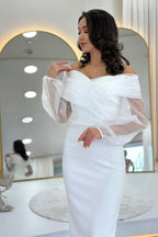 Beyaz Şifon Kol Detaylı Düşük Omuz Balık Abiye Elbise