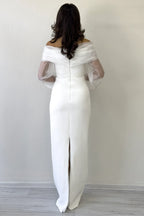 Beyaz Şifon Kol Detaylı Düşük Omuz Balık Abiye Elbise