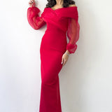 Kırmızı Şifon Kol Detaylı Düşük Omuz Balık Abiye Elbise