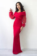Kırmızı Şifon Kol Detaylı Düşük Omuz Balık Abiye Elbise