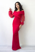 Kırmızı Şifon Kol Detaylı Düşük Omuz Balık Abiye Elbise