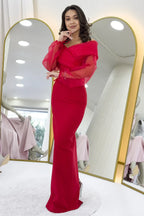 Kırmızı Şifon Kol Detaylı Düşük Omuz Balık Abiye Elbise