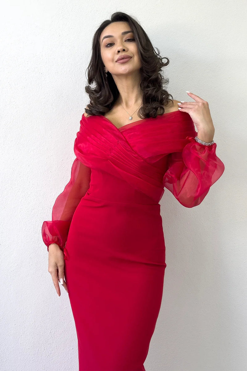 Kırmızı Şifon Kol Detaylı Düşük Omuz Balık Abiye Elbise