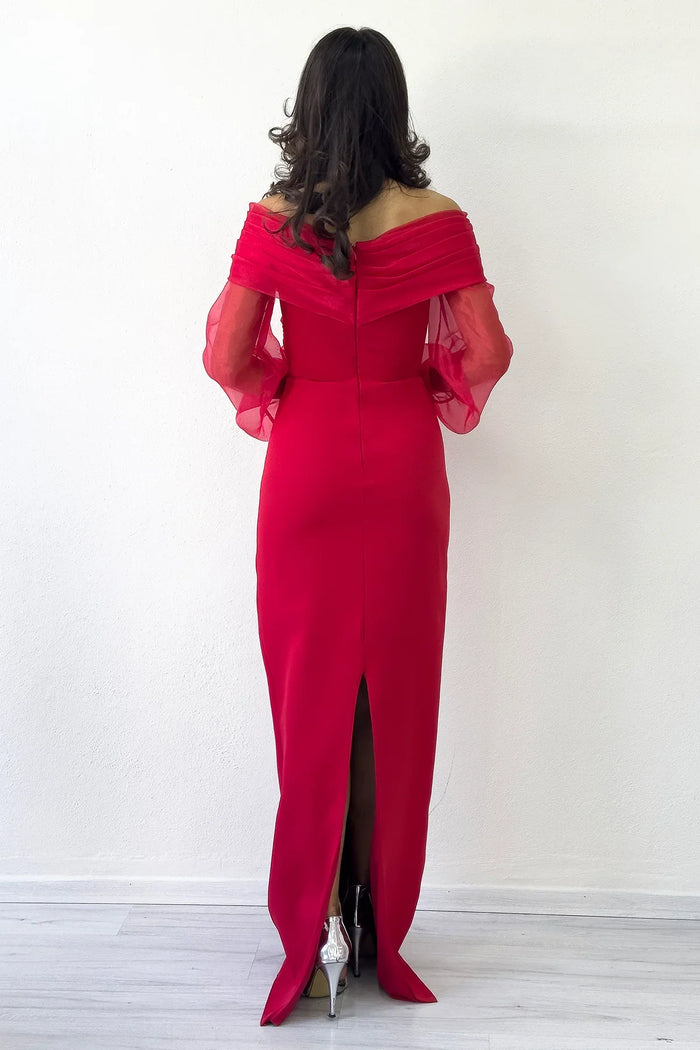Kırmızı Şifon Kol Detaylı Düşük Omuz Balık Abiye Elbise