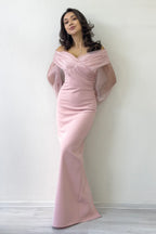 Pudra Şifon Kol Detaylı Düşük Omuz Balık Abiye Elbise