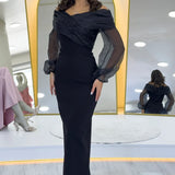 Siyah Şifon Kol Detaylı Düşük Omuz Balık Abiye Elbise