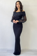 Siyah Şifon Kol Detaylı Düşük Omuz Balık Abiye Elbise