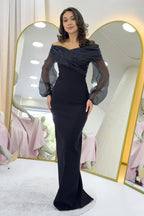 Siyah Şifon Kol Detaylı Düşük Omuz Balık Abiye Elbise