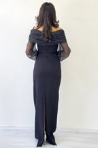 Siyah Şifon Kol Detaylı Düşük Omuz Balık Abiye Elbise