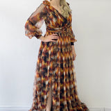 Kadın Kahverengi Çiçek Detay Desenli Büyük Beden Abiye Elbise