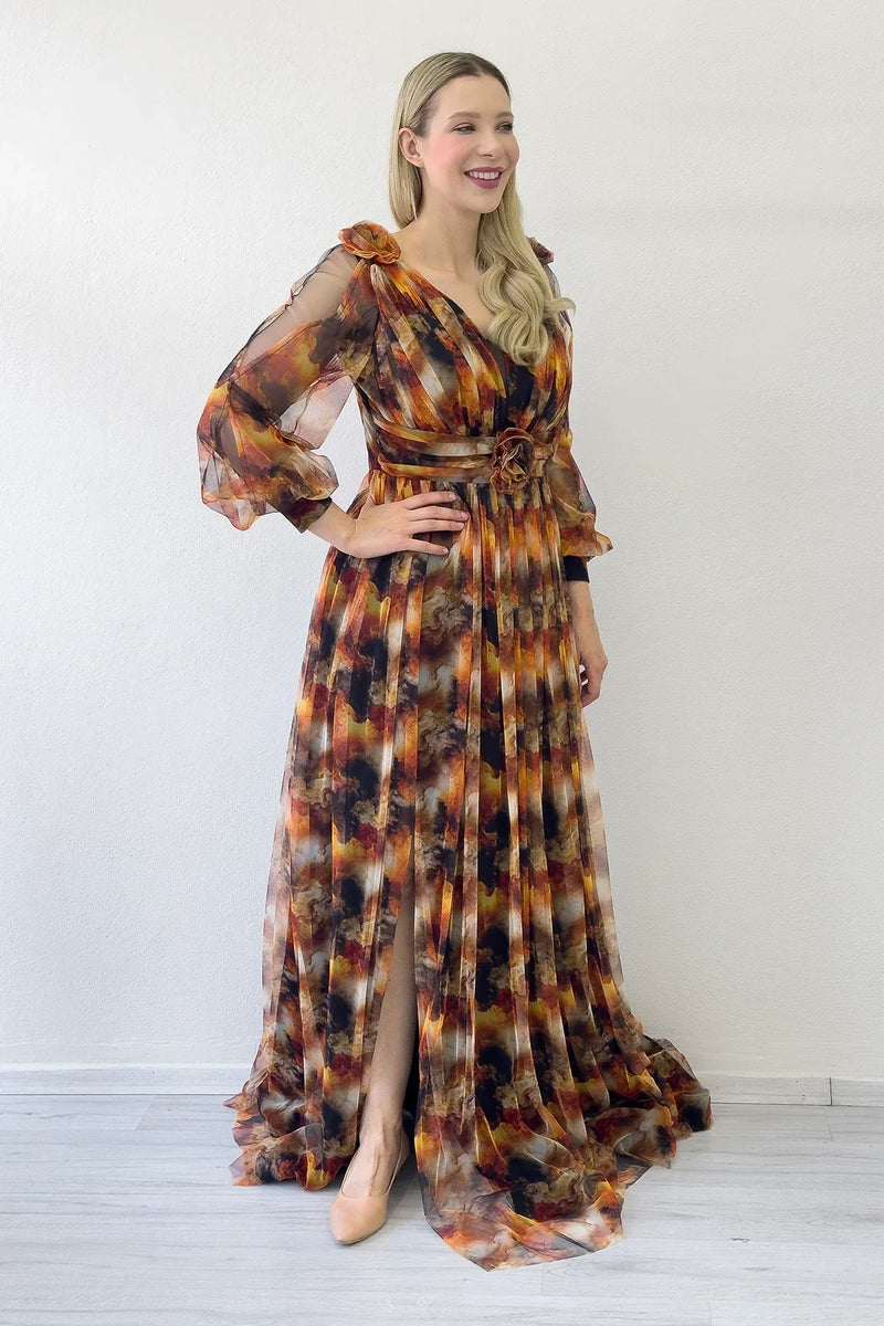 Kadın Kahverengi Çiçek Detay Desenli Büyük Beden Abiye Elbise