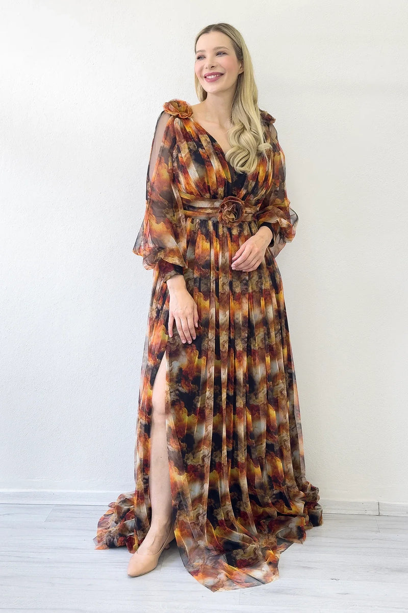 Kadın Kahverengi Çiçek Detay Desenli Büyük Beden Abiye Elbise