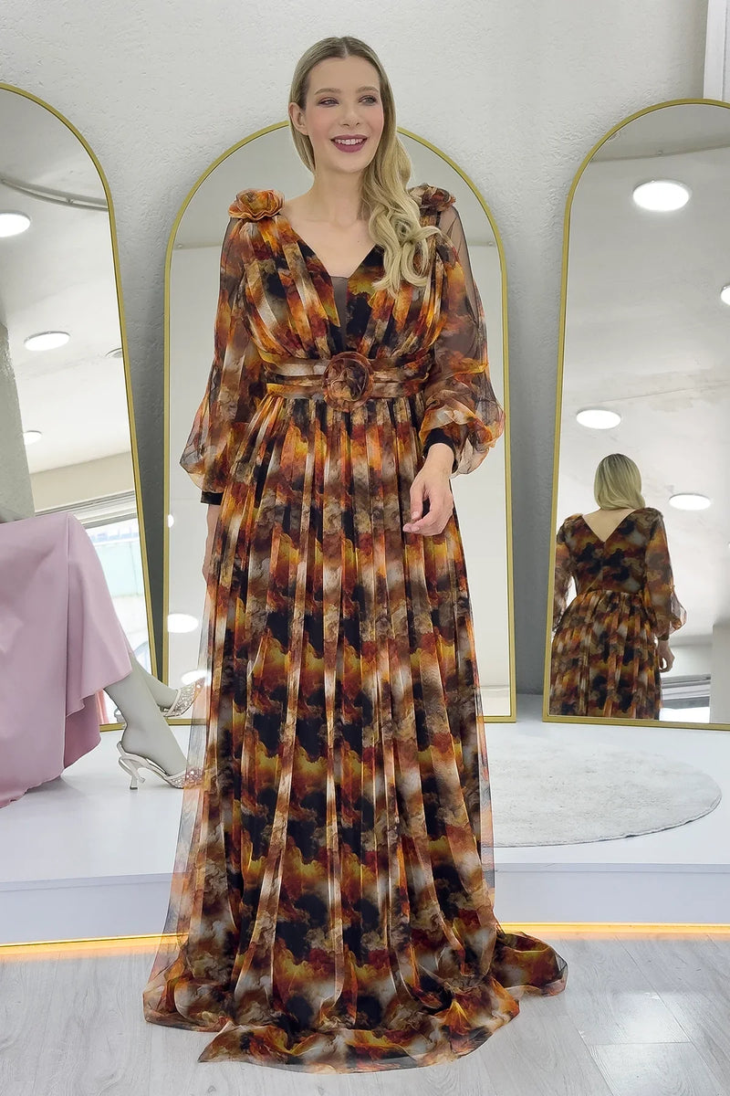 Kadın Kahverengi Çiçek Detay Desenli Büyük Beden Abiye Elbise