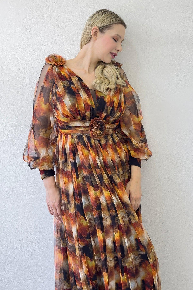 Kadın Kahverengi Çiçek Detay Desenli Büyük Beden Abiye Elbise