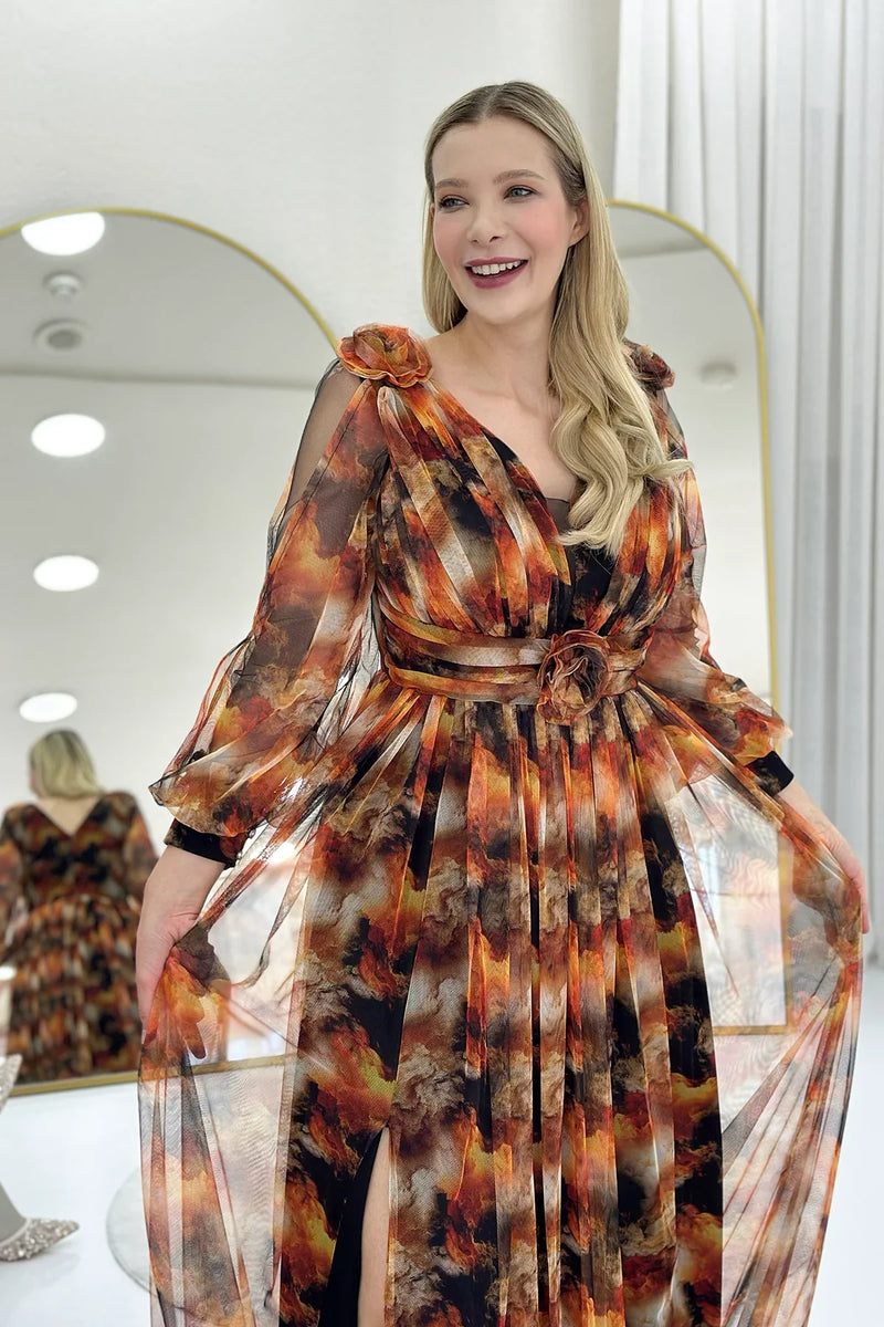 Kadın Kahverengi Çiçek Detay Desenli Büyük Beden Abiye Elbise