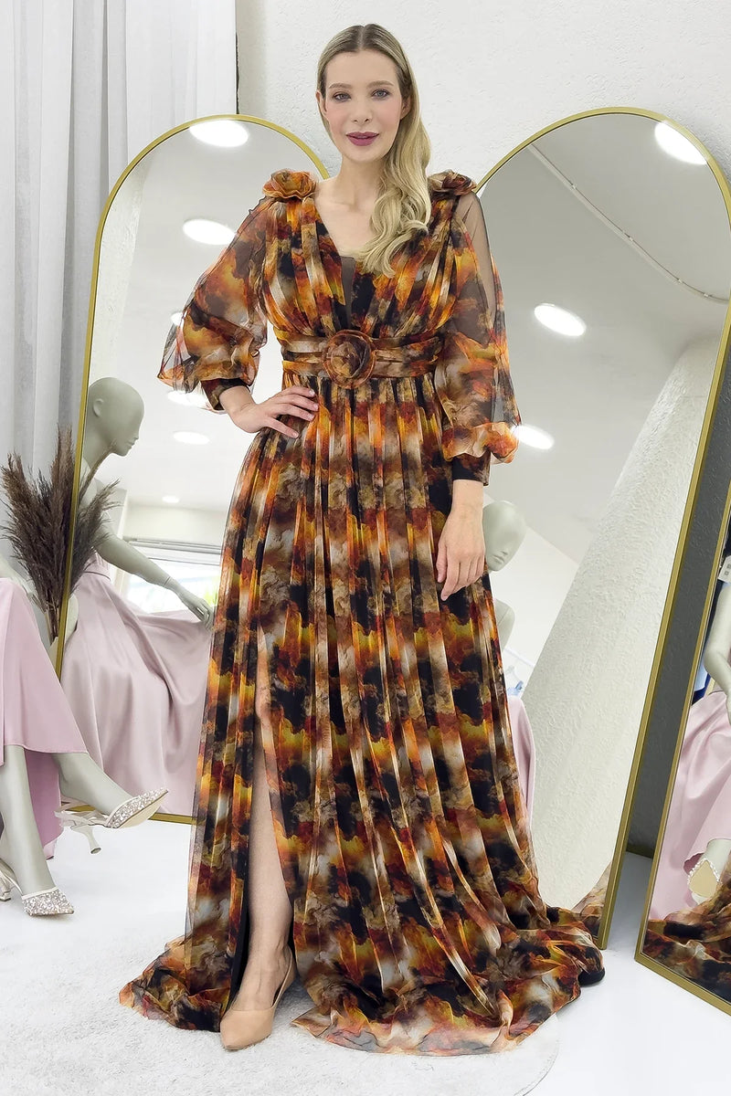 Kadın Kahverengi Çiçek Detay Desenli Büyük Beden Abiye Elbise