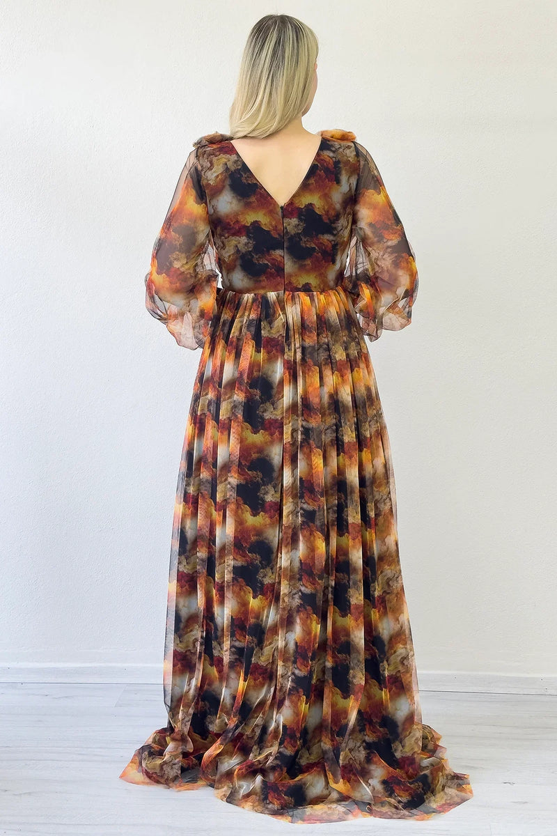 Kadın Kahverengi Çiçek Detay Desenli Büyük Beden Abiye Elbise