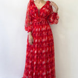 Kadın Kırmızı Çiçek Detay Desenli Büyük Beden Abiye Elbise