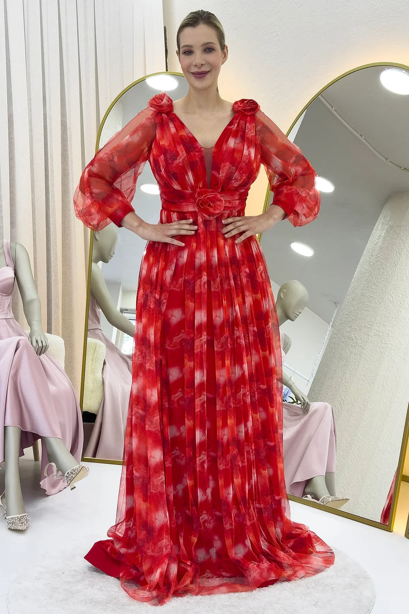 Kadın Kırmızı Çiçek Detay Desenli Büyük Beden Abiye Elbise 